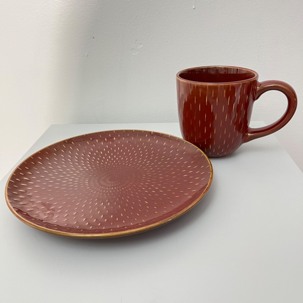 RuffHewn Mug and Plate Set  Burgundy Red Textured Stoneware 2pc